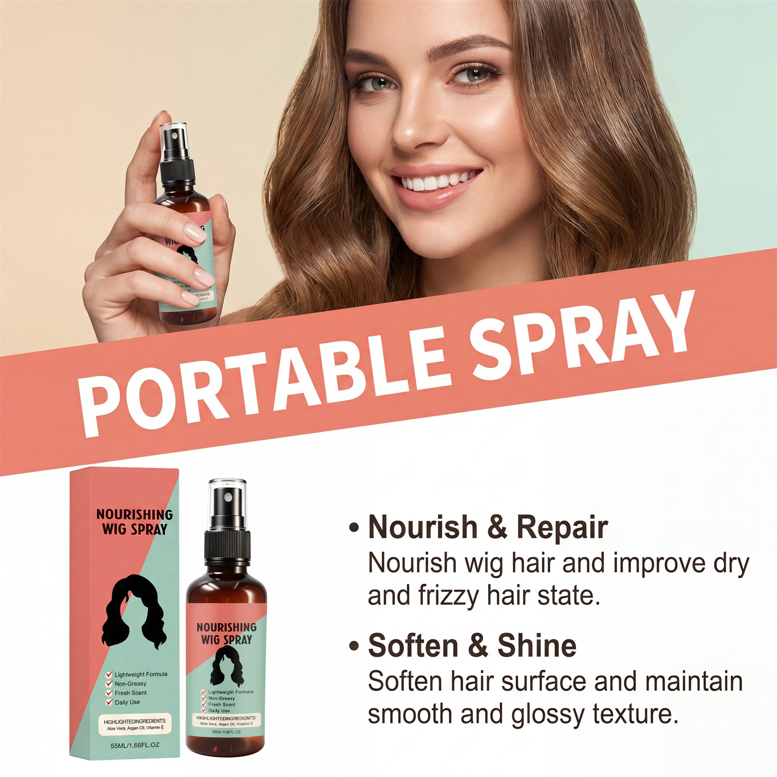 Moisturizing Wig Spray Smooth Silky Tangle Free Anti Frizzy Special Care For Human Synthetic Wigs Daily Styling Use