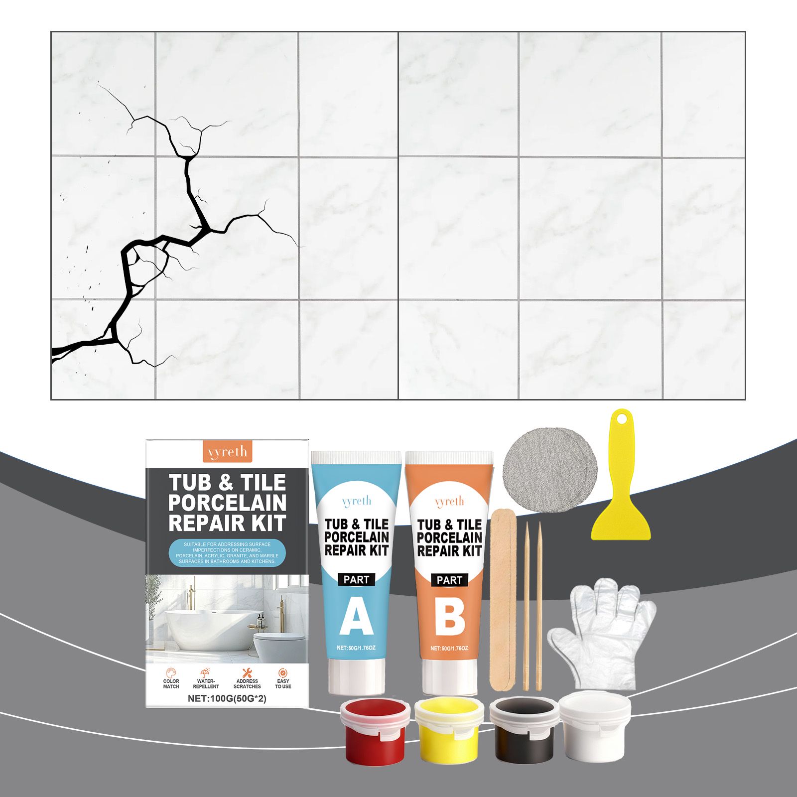 Ceramic And Porcelain Repair Kit With Epoxy Resin For Bathtub Sink And Tile Crack Repair