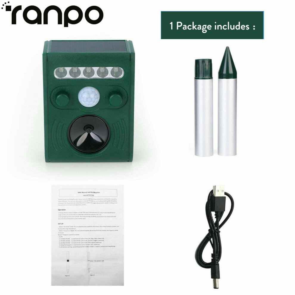Solar Powered Ultrasonic Outdoor Pest Animal Repeller Activated Repellent