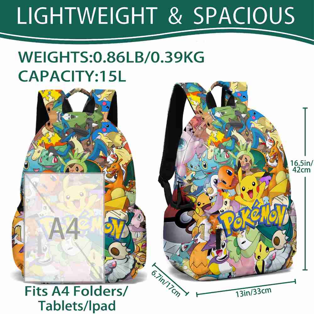 (Pokémon Backpack 2PCS Set 08) Pokémon Pikachu Backpack Lunch Bag Pencil Case Set Kids Gift Kids School Bag Boys Girls Teens Pikachu Eevee Pokeball