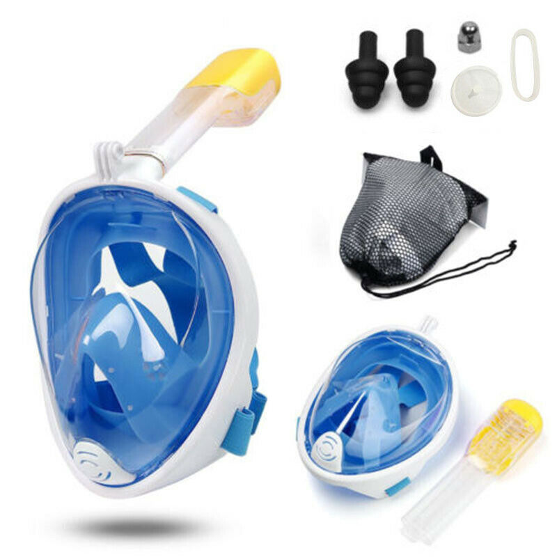 (Blue S~M) Snorkel Mask Adult Kids Swimming Snorkel Set Full Face Anti-Fog Diving Mask Shallow Water