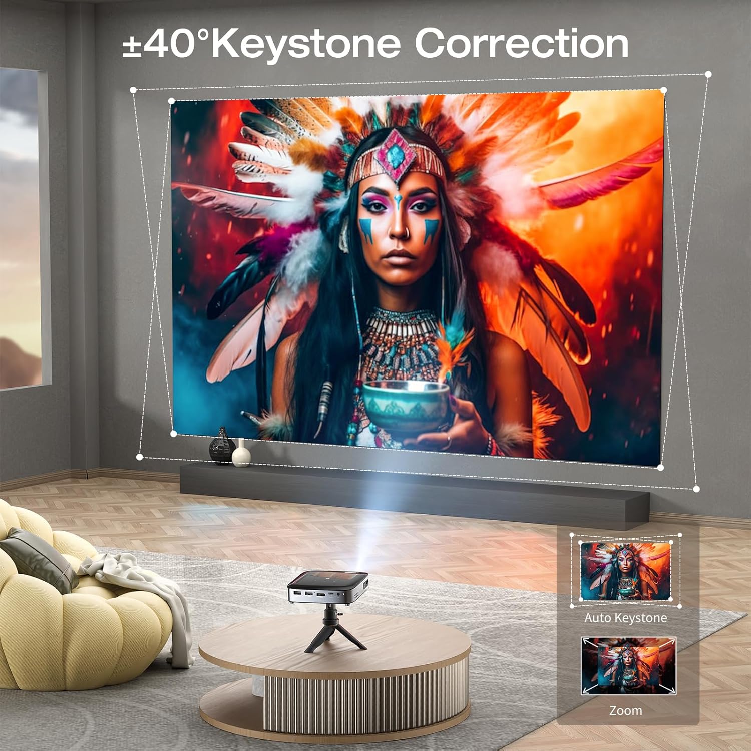 (Black) Mini Portable Projector WiFi with Bluetooth 500 ANSI DLP Projector 1080P Support Pocket Pico Movie Projector with Tripod Outdoor Video Rechargeable Battery Short Throw for iPhone Android