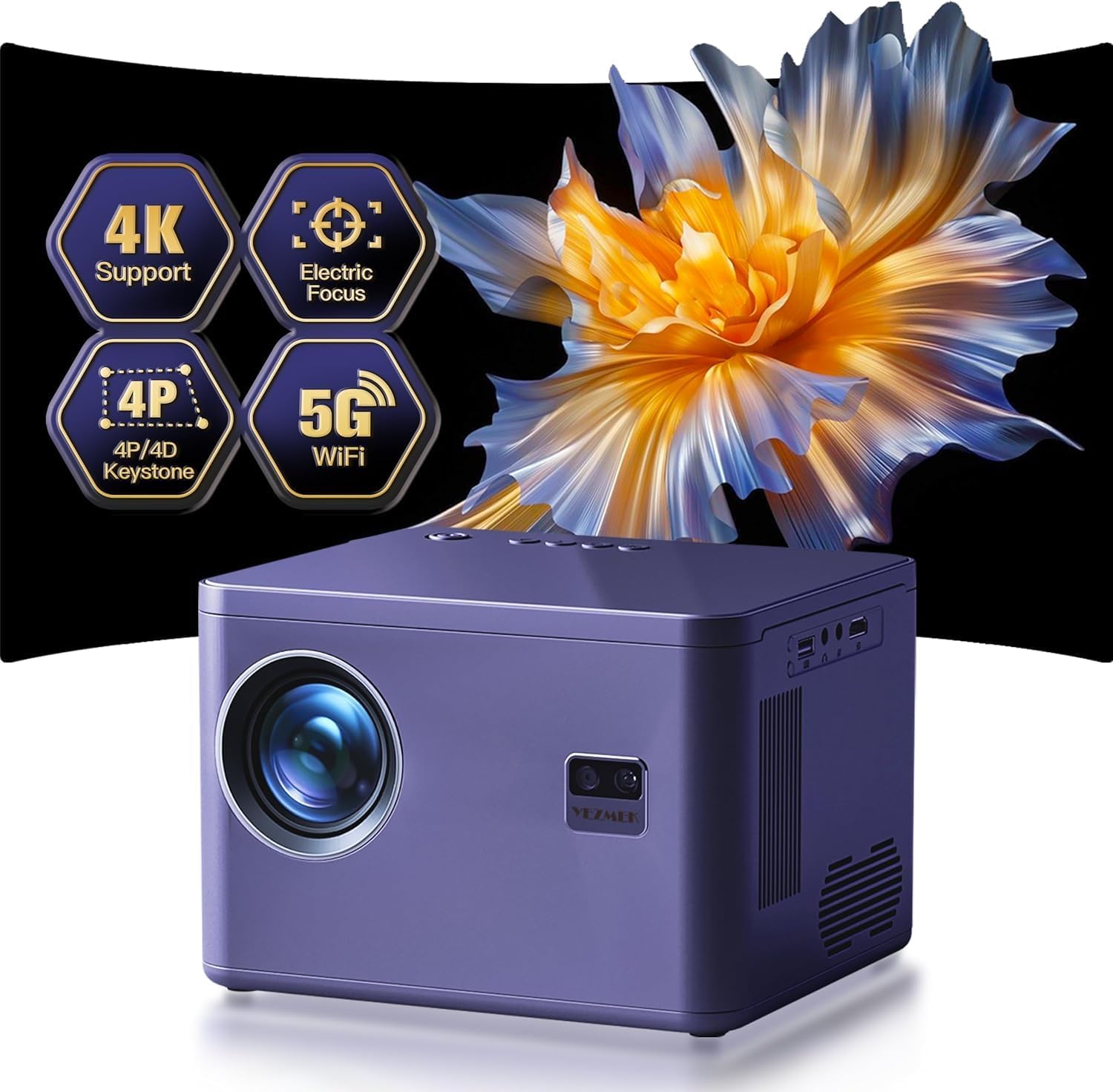 Projector 4K Electric Focus 6D 6P Keystone Zoom Supported 5G WiFi Bi Channel Bluetooth 20000L Native 1080P Movie Projector Mini Portable Outdoor Projector Compatible TV Stick Phone Laptop