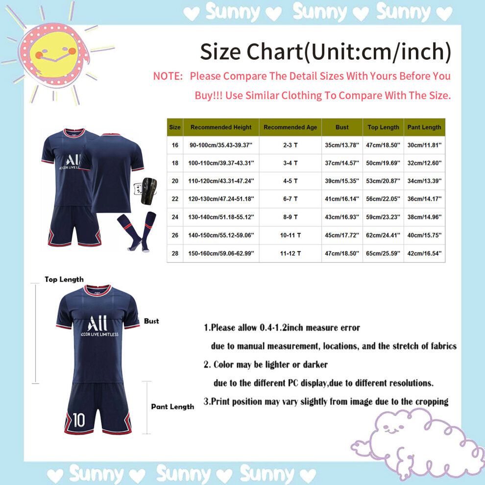 (NYMAR JR 5PCS Set Kids 12~13 Years 28) PSG Jersey Kit with Messi NYMAR JR MBAPPE Di Maria Number 30 10 7 11 Sign Men Boys Teens Home France Football Jersey Unisex Kids Adult Football Training Jersey Soccer Sports Set 2022 Paris Outdoor Football Clothing T Shirt Blue