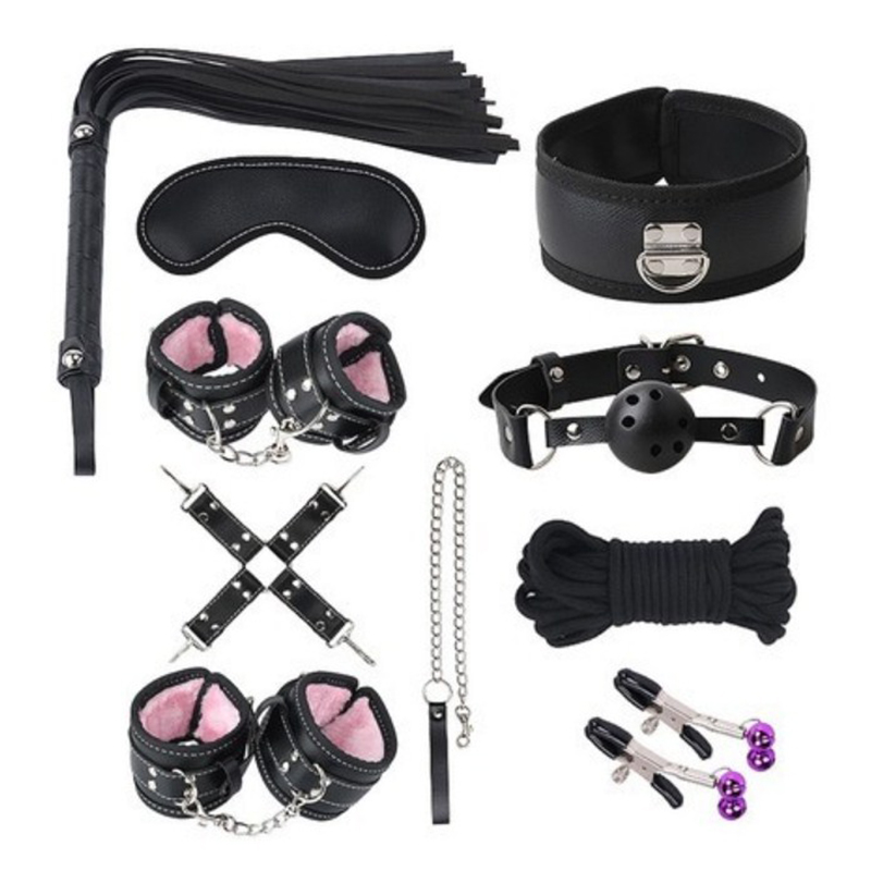 SM Restraints Sex Toys Bondage Restraints Set Fetish Bed Restraints Kits Light and Safe BDSM for Couples Beginners Adult Games Play 10 Pcs Set Includes Handcuffs Nipple Clamps Flogger Ball Gag Eye Mask Blindfold Rope Cosplay