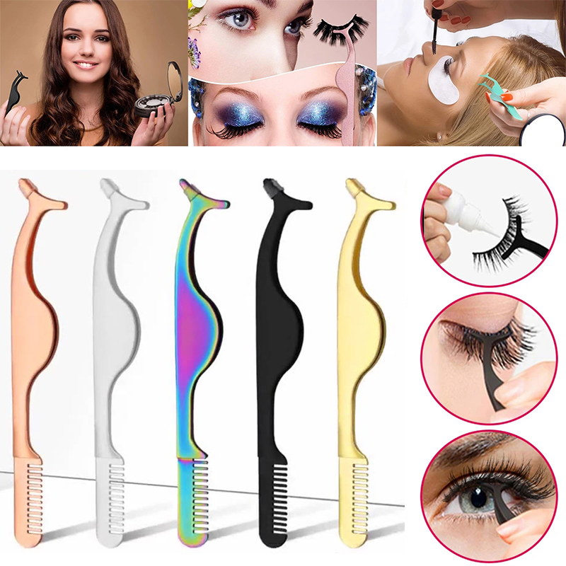 (Silver) False Eyelash Tweezers Clips Eyelash Extension Tweezers Remover Tools Fake Lashes Applicator Fake Eye Lash Aid Forcep Tools Stainless Steel Lash Curler Comb