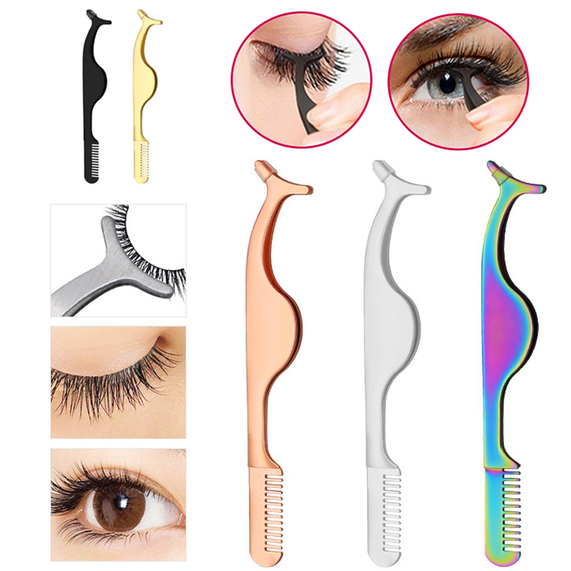 (Silver) False Eyelash Tweezers Clips Eyelash Extension Tweezers Remover Tools Fake Lashes Applicator Fake Eye Lash Aid Forcep Tools Stainless Steel Lash Curler Comb