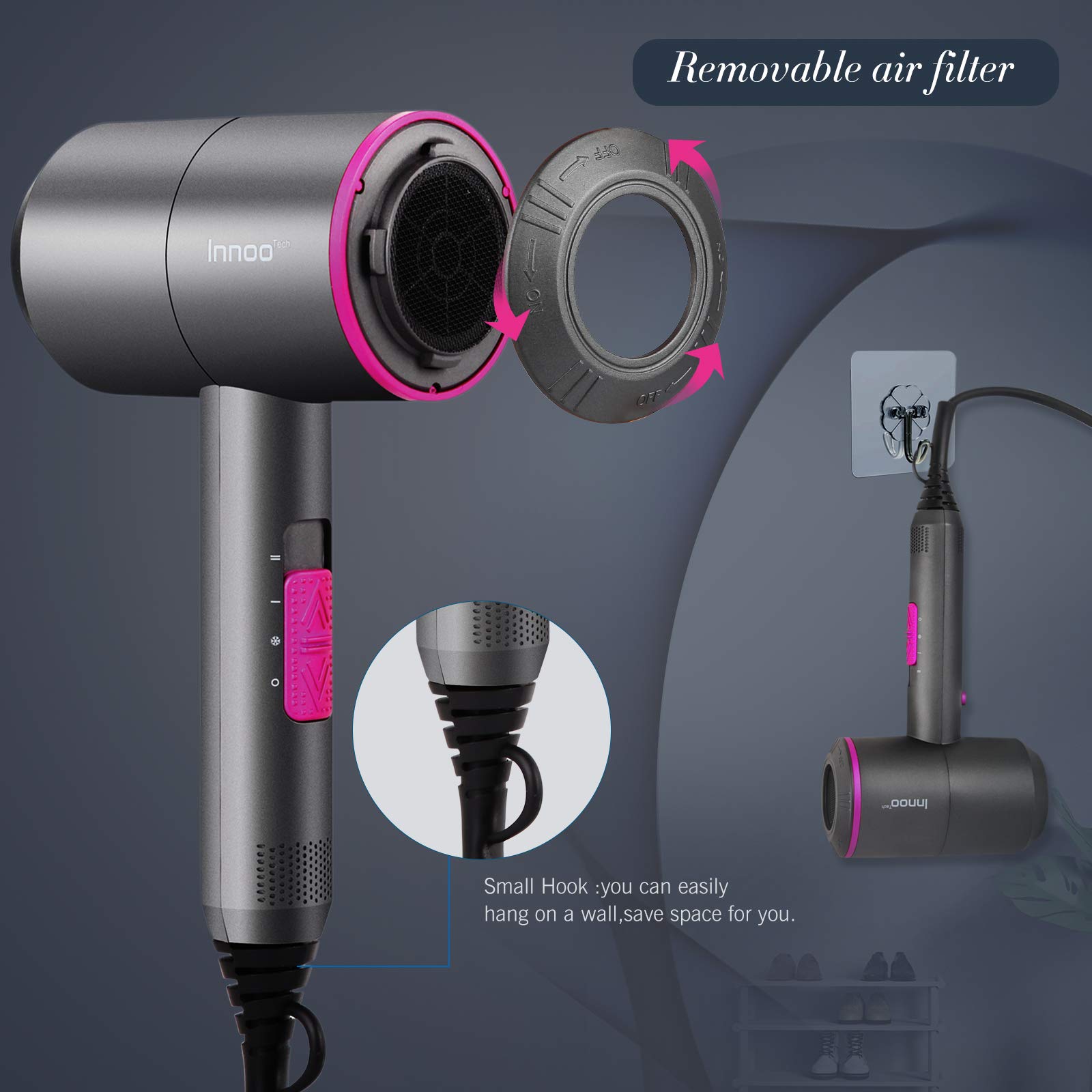 Hair Dryer 2000W Professional Ionic Hairdryer with 2 Speed 3 Heat Setting Cool Shot Button 1 Diffuser and 2 Concentrator for Women Man