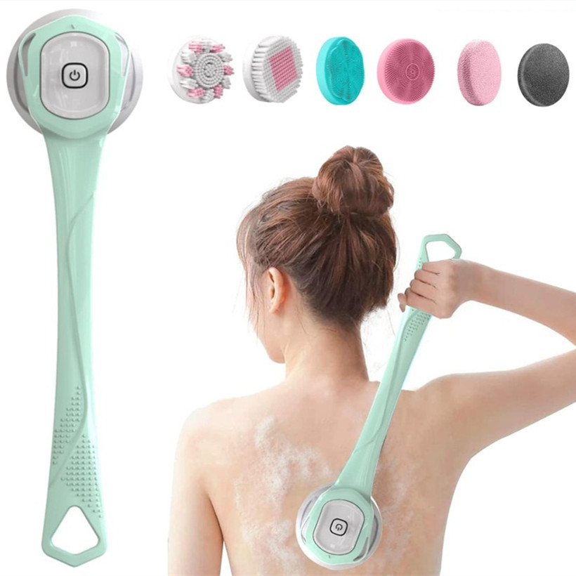 (Blue) Multi-Functional Exfoliating Shower Brush Long Handled Electric Massage Bath Brush