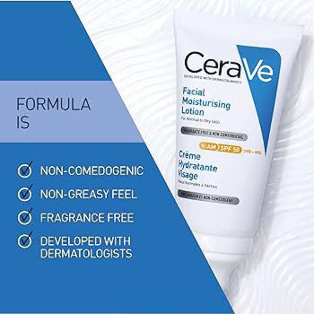 CeraVe AM Facial Moisturising Lotion SPF50 with Ceramides Vitamin E for Normal to Dry Skin 52ml
