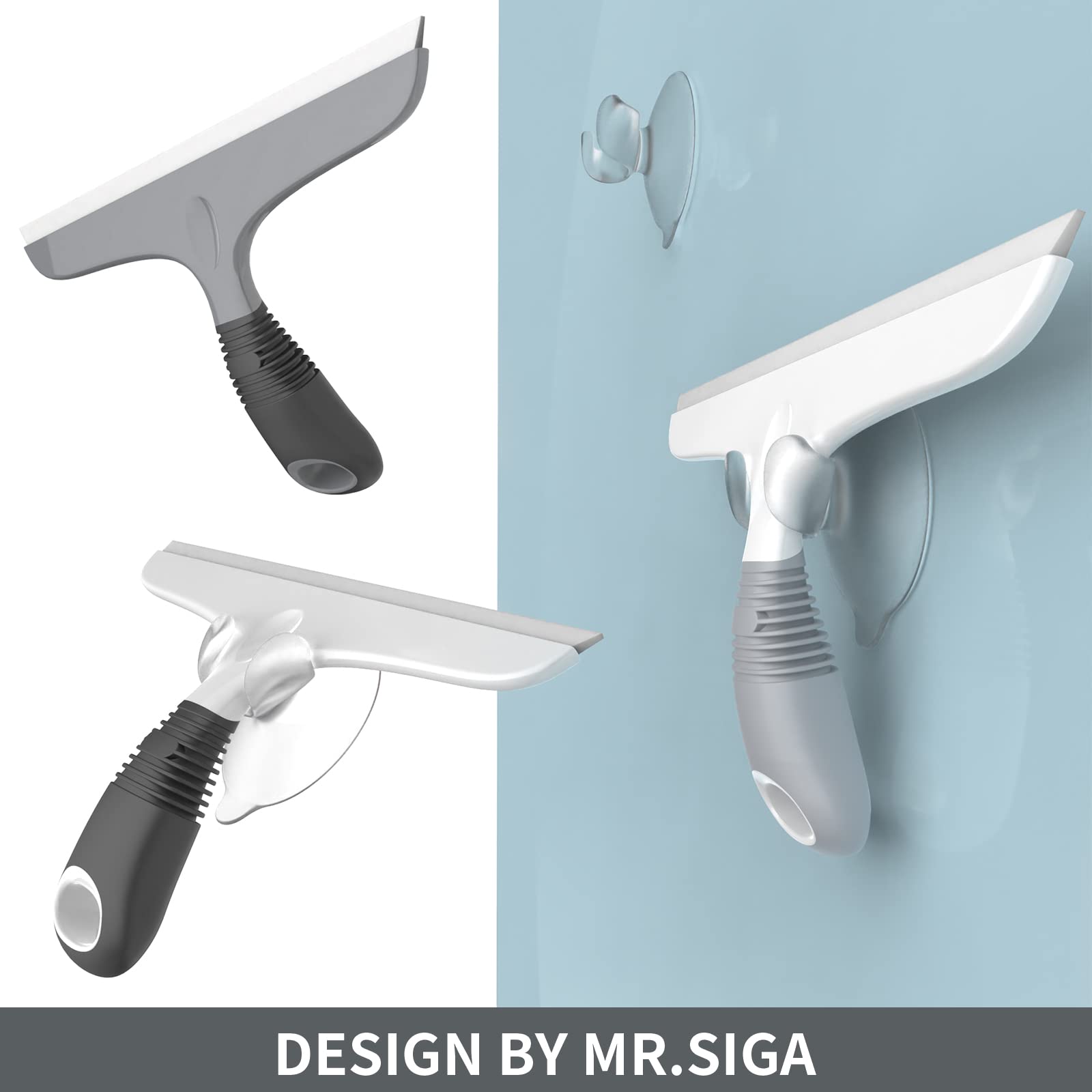 (Grey Black) MR.SIGA Multi Purpose Squeegee for Window Glass Shower Door Car Heavy Duty Window Scrubber Suction Hook Included 10inch