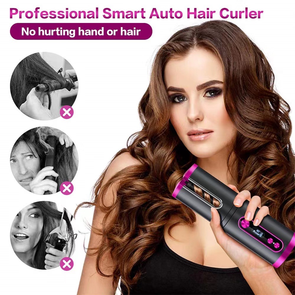 (Grey) Hair Curler Rotating Curling Tongs Curling Iron Cordless Auto Curler Restriction Rechargeable Ceramic Professional Hair Curler USB ChargingPortable