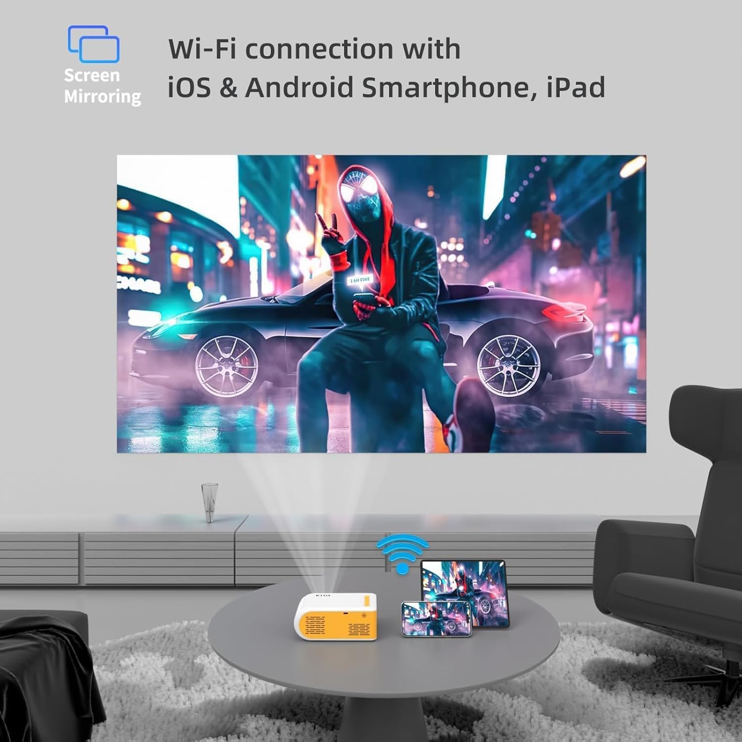 Mini Projector, HD 1080P Supported Portable Projector Movie Projector for Outdoor Indoor Home Theater Wifi Screen Mirroring for Smartphone Compatible with Tablet TV Box Roku etc