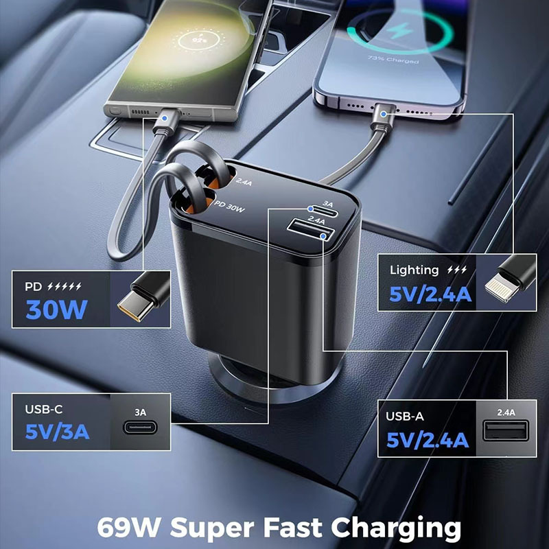 Retractable Car Charger Adapter 30W Cigarette Lighter USB C Car Phone Charger Travel Car Accessories Gifts for Women Men