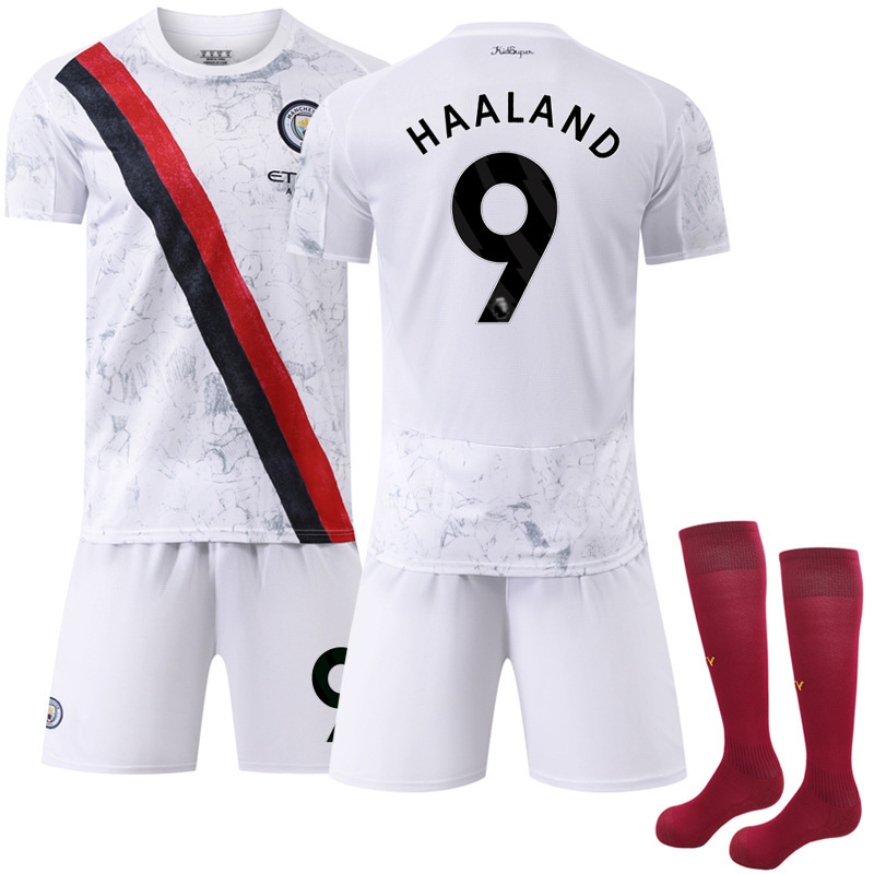 (Kids 16) 2025 2026 Manchester City No.9 Haaland Away Kids Football Kits with Socks Jersey Soccer Shirt for Boys Girls Youth Football Training Outdoor Wear Gift