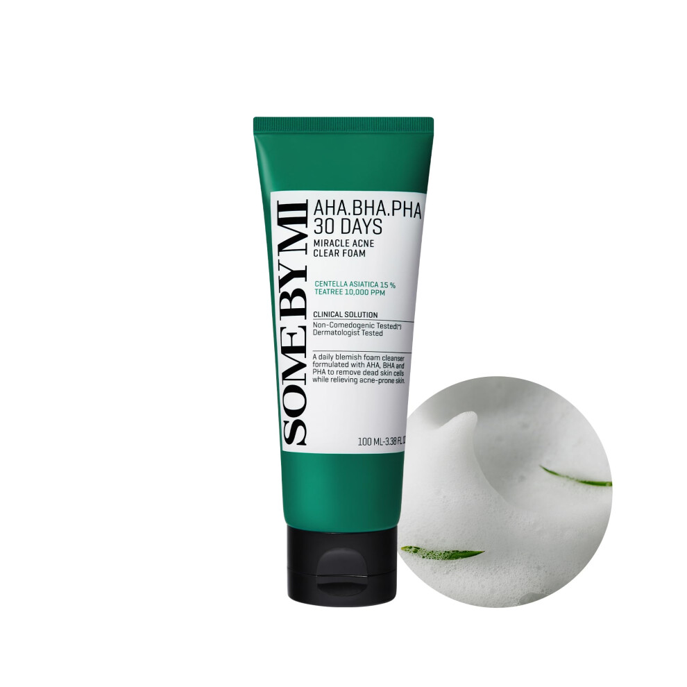SOME BY MI AHA BHA PHA 30 Days Miracle Acne Clear Foam Cleanser 100ml  Exfoliating Cleanser with AHA BHA PHA Salicylic Acid Tea Tree Acne Face