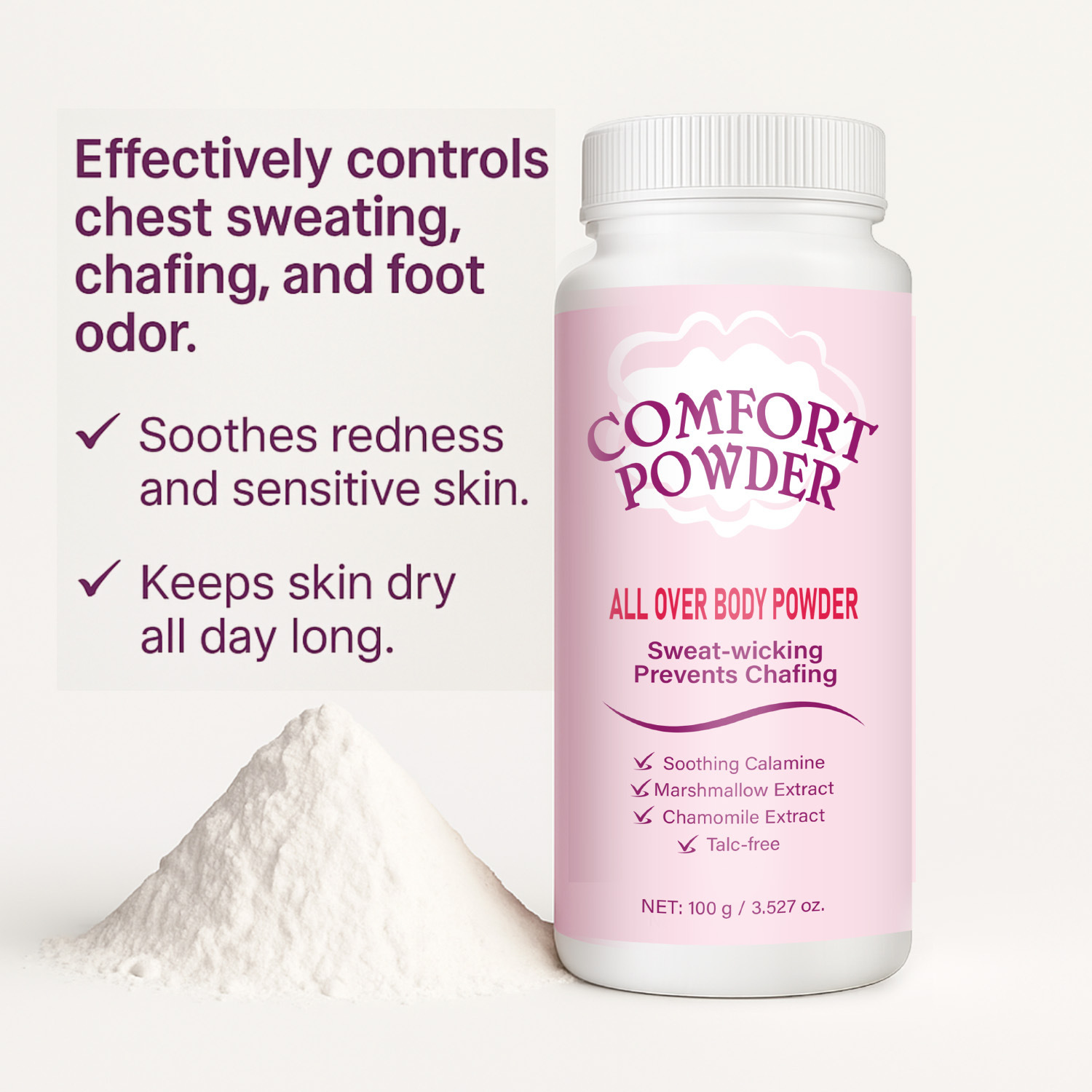 Body Comfort Powder For Cooling Refreshing And Soothing Skin Daily Absorbent Talc Free Dusting Powder 100g