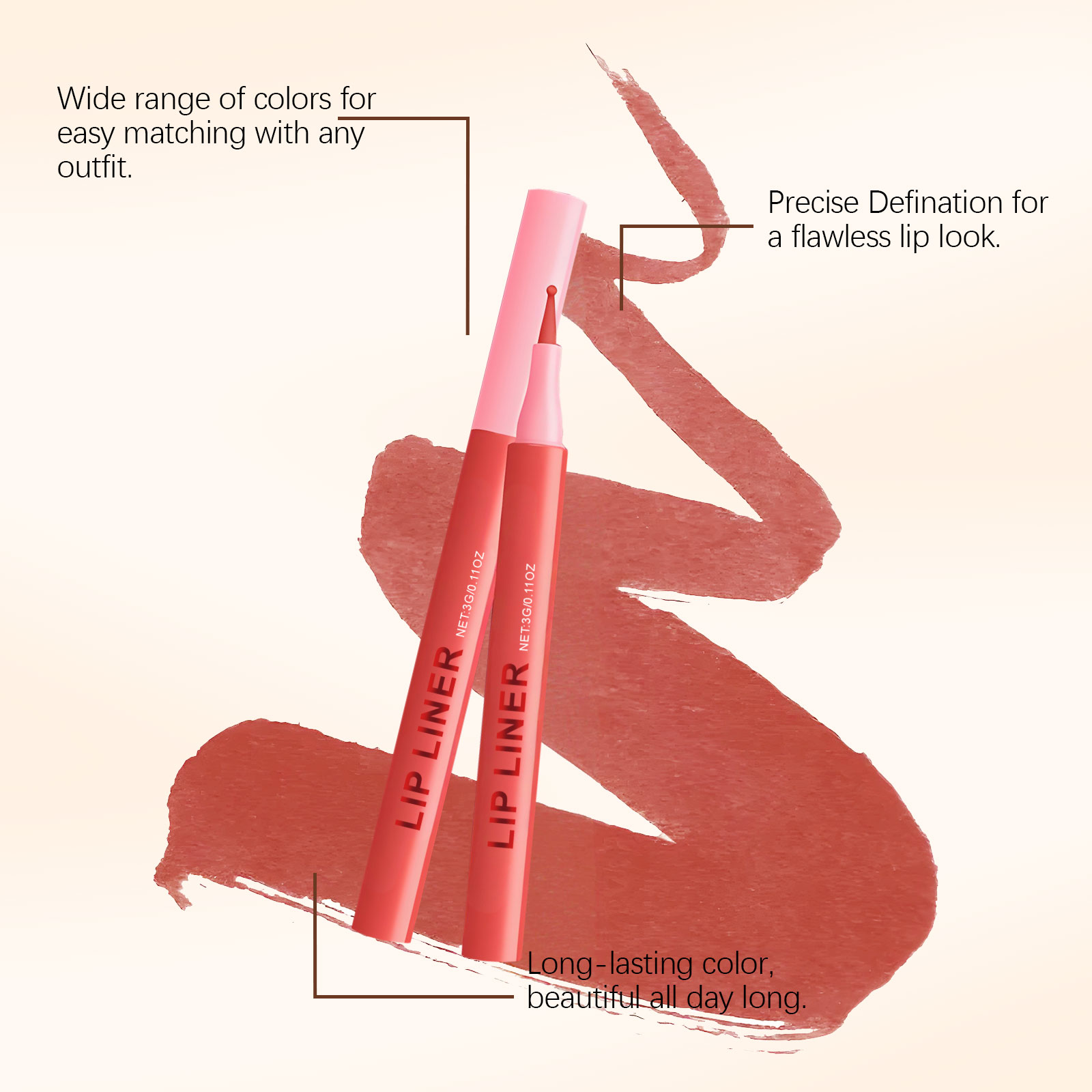 (Rose Pink) Waterproof Lip Liner Pen Daily Natural Easy Coloring Brightening Color Rendering Moisturizing Lip Makeup Cosmetic Tool