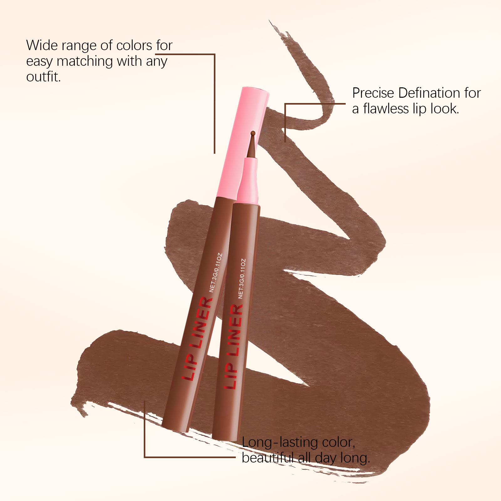 (Rose Pink) Waterproof Lip Liner Pen Daily Natural Easy Coloring Brightening Color Rendering Moisturizing Lip Makeup Cosmetic Tool