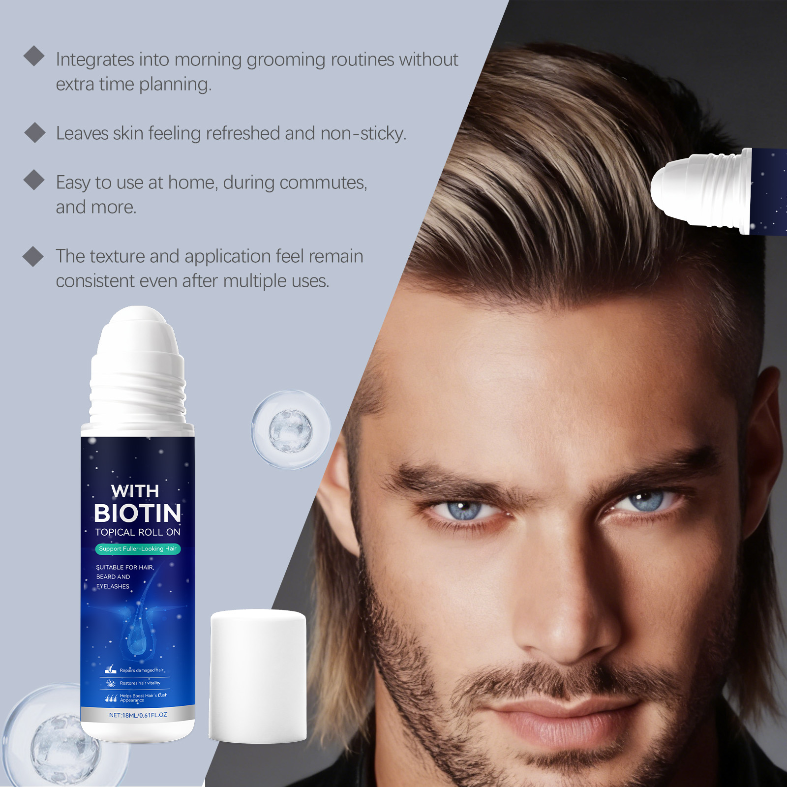 Men Hair Care Roller Ball Moisturizing Refreshing Mild Nourishing Smooth Portable For Hair Styling Daily Use