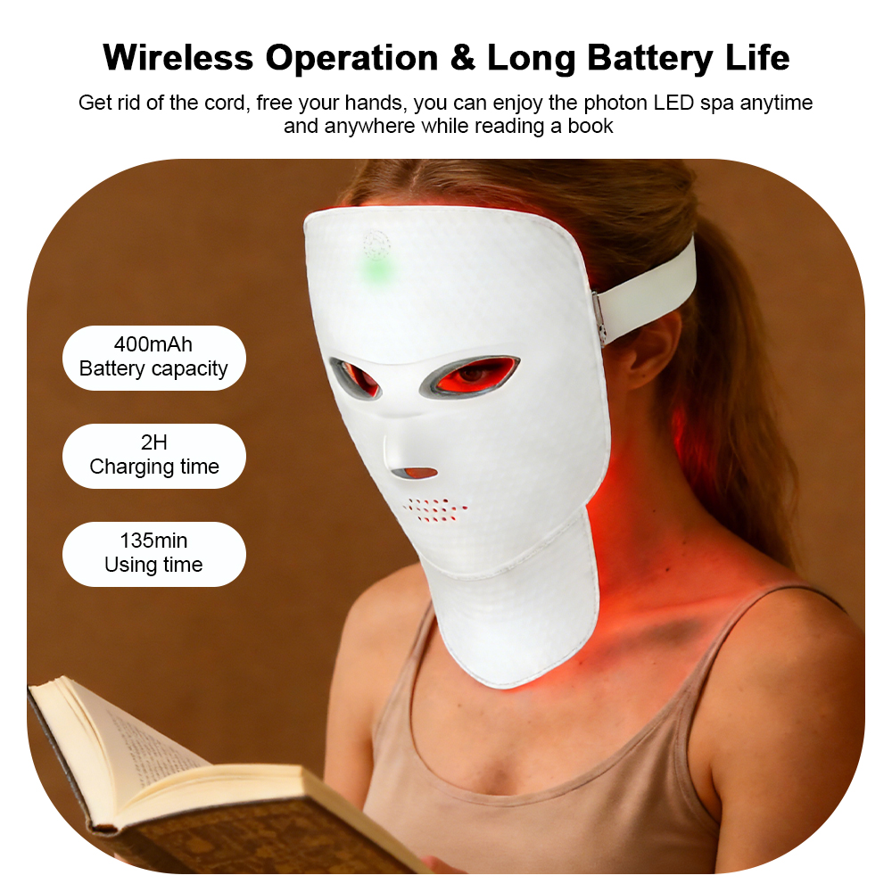 Wireless 7 Color LED Face Neck Mask Light Therapy Red Light Facial Mask Detachable Buckle Design Photon Skin Firming Anti Aging Rejuvenation Beauty Mask Machine