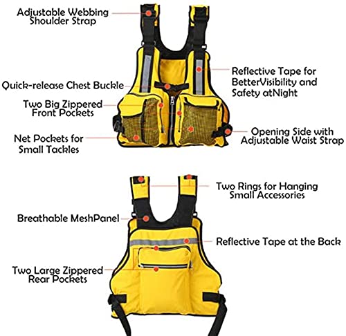(Yellow) Life Jacket Adults Boat Aid Sailing Kayak Fishing Life Jacket Vest with Multi-Pockets And Reflective Stripe Men Women Outdoor Floating Water Sports Fishing Sailing Surfing Kayaking One Size
