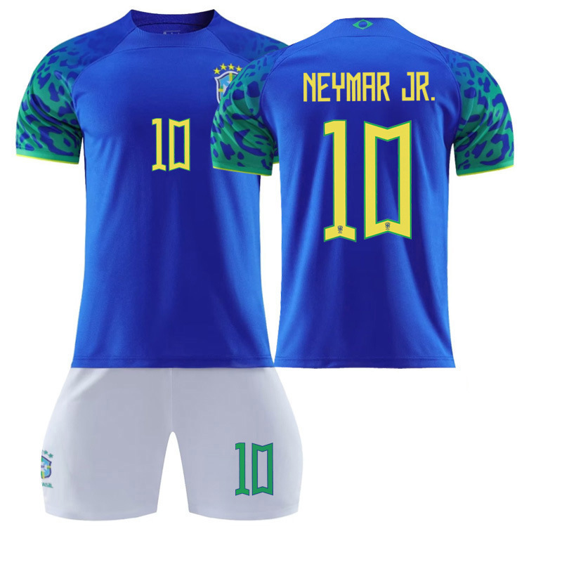 (Kids 16) Brazil Neymar Jr Away No. 10 Football Kit Teens Kids Boys Sport Training Jersey Blue