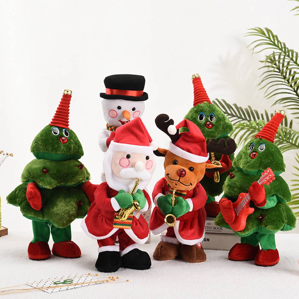 (Saxophone Christmas Tree) Electric Singing Dancing Christmas Santa Plush Toy 40cm Kids Creative Xmas Decorations Plush Doll with Music ＆ Recording Function Battery Operated Plush Toys Gifts for Home Party Xmas Decor