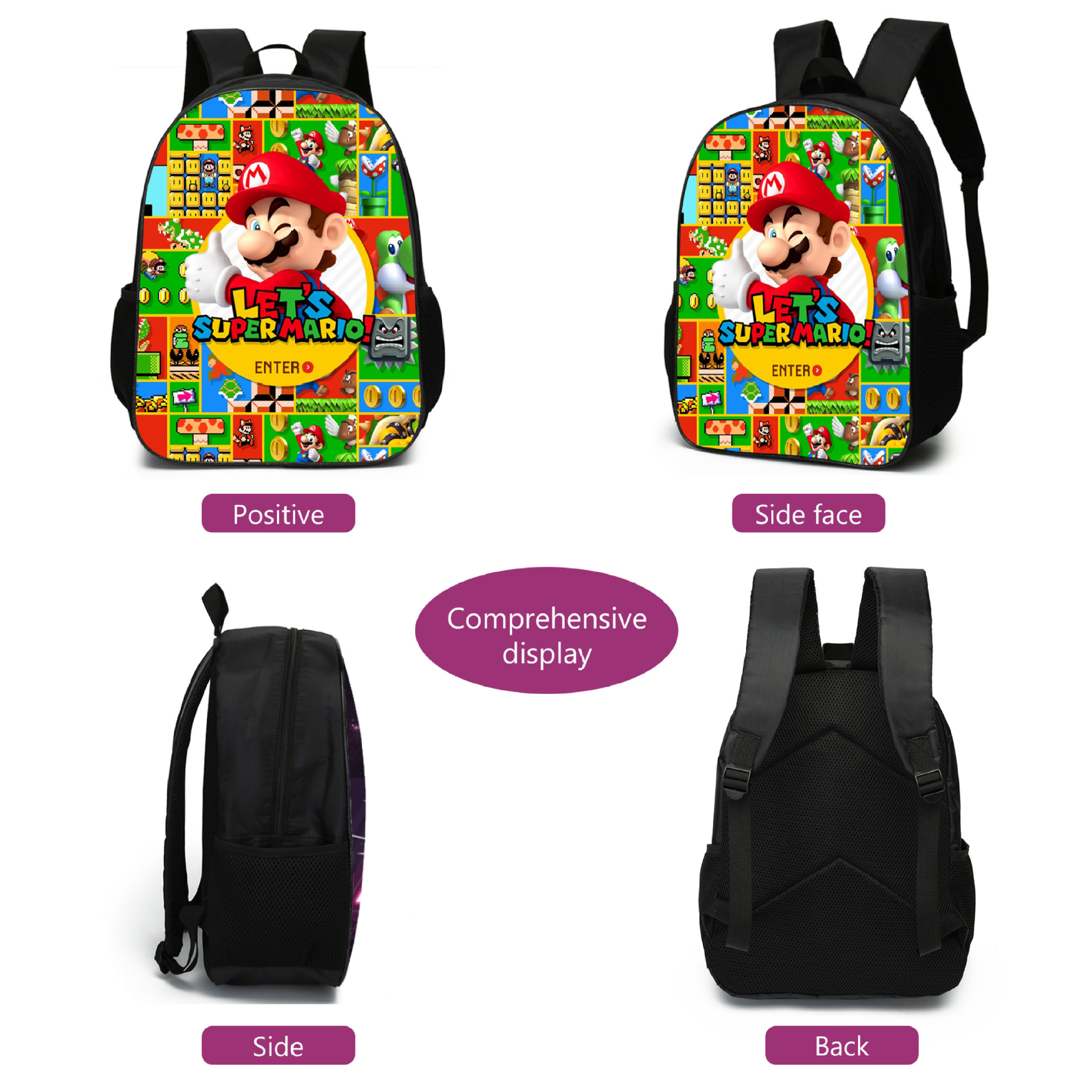 (Pattern 1) Super Mario Bros 3D Printed Childrens School Backpack for Kids High Capacity Travel Rucksacks