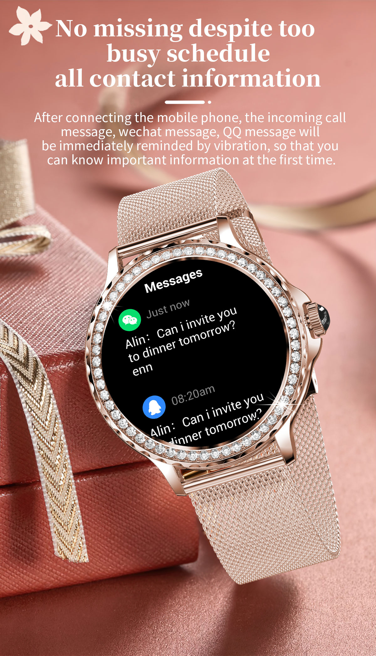 (Rose Gold) Women Smart Watch Fashion Bluetooth Call Intelligent Sports Bracelet IP68 Waterproof Watch Embedding Smartwatch for Android iOS Phones