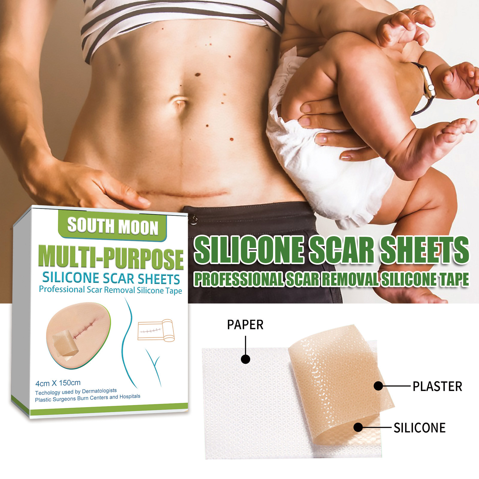 South Moon Silicone Scar Sheets Multi Purpose Self Adhesive Scar Cover Tape Removal Tape Acne Trauma Burn Scar Skin Repair Scar Patch Treatment Beauty Skin Care