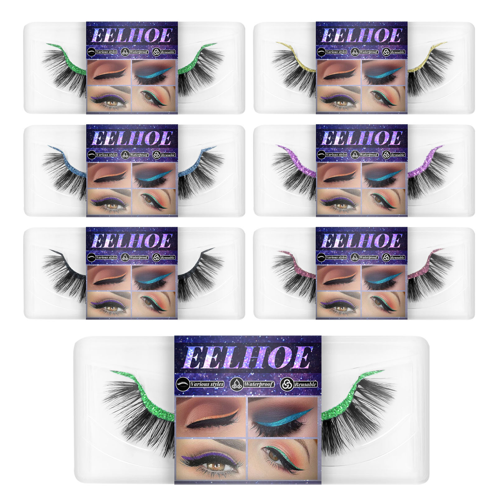 (Purple) EELHOE Eyelashes Eyeliner Stickers Eyelash Strips Self Adhesive False Eyelashes Soft Natural Curl Thick False Eyelashes Eyeliner Stickers Eyeliner Stickers Cat Eye One Size