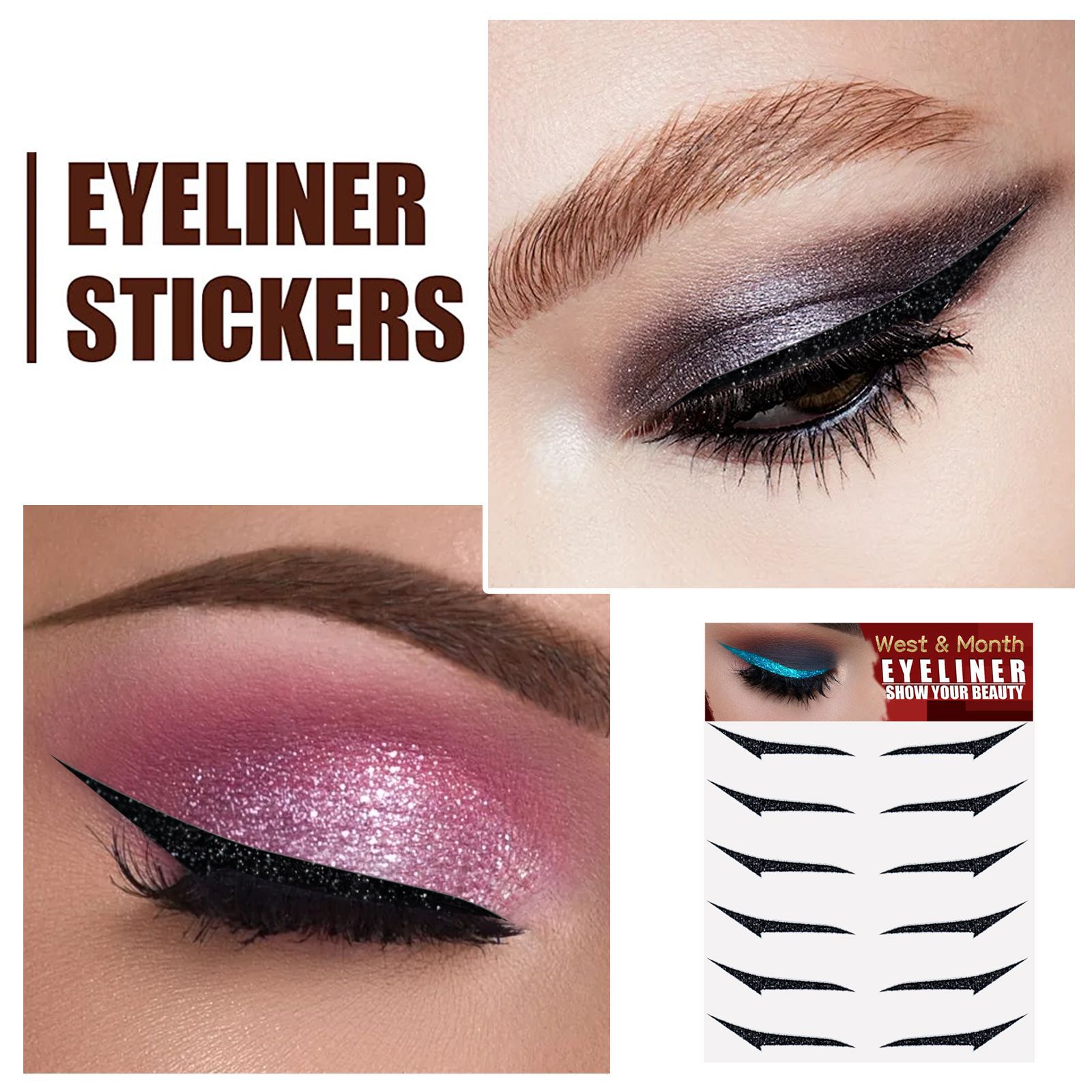 (Black A) Waterproof Double Eyelid Line Stickers Glitter Eyeliner Sticker Set Reusable Eye Makeup Fake Self Adhesive Sticker Beauty Accessories Eye Cosmetics 6 pairs