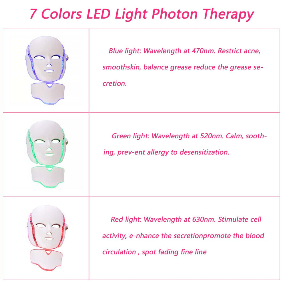 7 LED Face Mask Neck Rejuvenation Therapy Wrinkles Anti aging Light Therapy Face Care UK