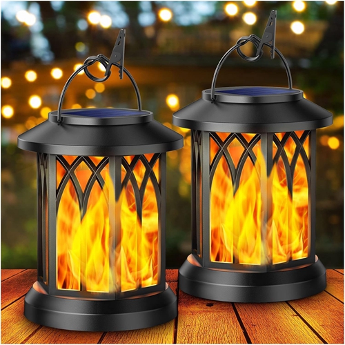 2 Pack Solar Lights Outdoor Garden  Hanging Solar Lanterns with Realistic Flickering Flame LED