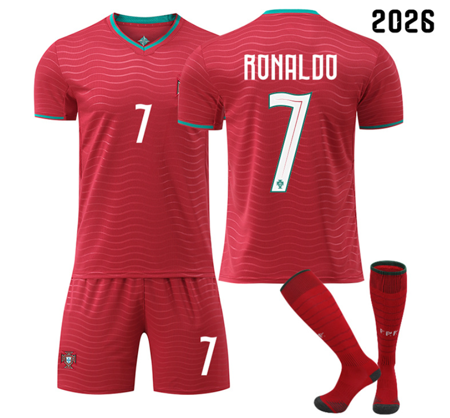 (6~7 Years) Football Kits for Kids No.7 Ronaldo World Cup  2026 Portugal Home Soccer Jersey Training Shirt Suit Socks Boys Girls Football Jersey Shorts Sets