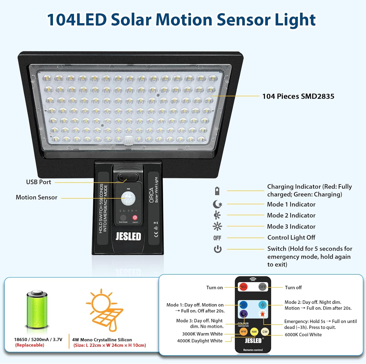 (2 pcs) Solar Security Lights 104 LED Motion Sensor Lights Outdoor Remote Control IP65 Waterproof 3 Color Temperatures 4 Modes Outside Lights Solar Powered for Yard