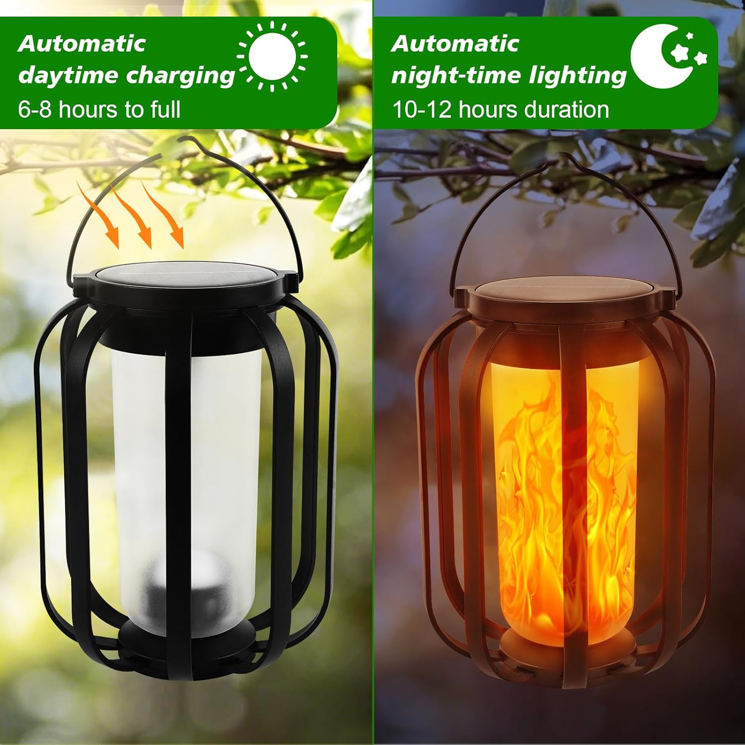 2 Pack Solar Flame Lanterns Outdoor Hanging Standing Dual Use Solar USB Rechargeable IP65 Waterproof Garden Camping Festival Lights Solar Patio Lanterns