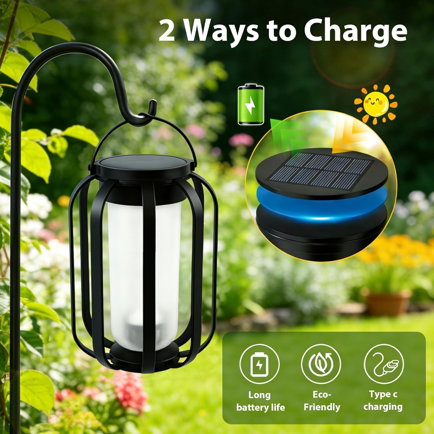 2 Pack Solar Flame Lanterns Outdoor Hanging Standing Dual Use Solar USB Rechargeable IP65 Waterproof Garden Camping Festival Lights Solar Patio Lanterns