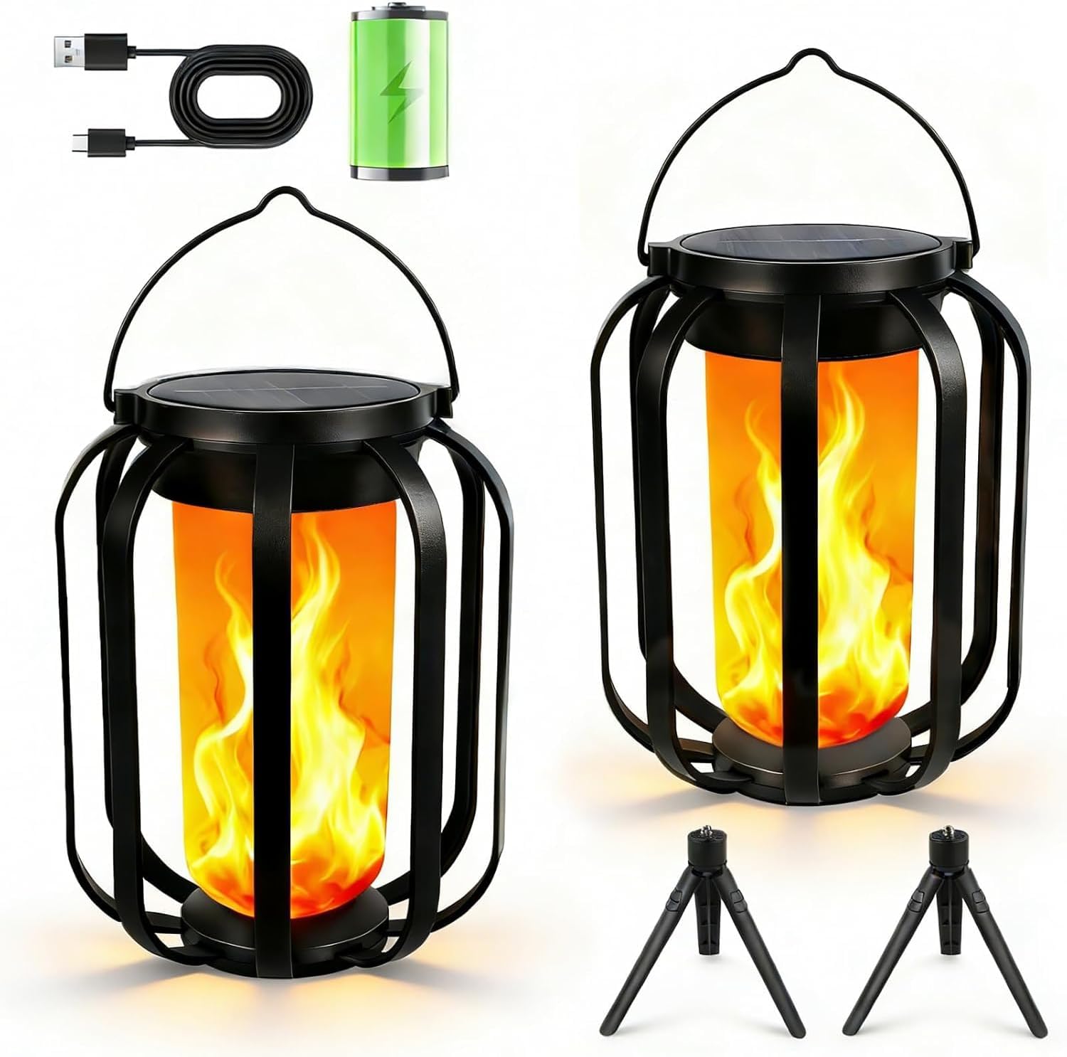 2 Pack Solar Flame Lanterns Outdoor Hanging Standing Dual Use Solar USB Rechargeable IP65 Waterproof Garden Camping Festival Lights Solar Patio Lanterns
