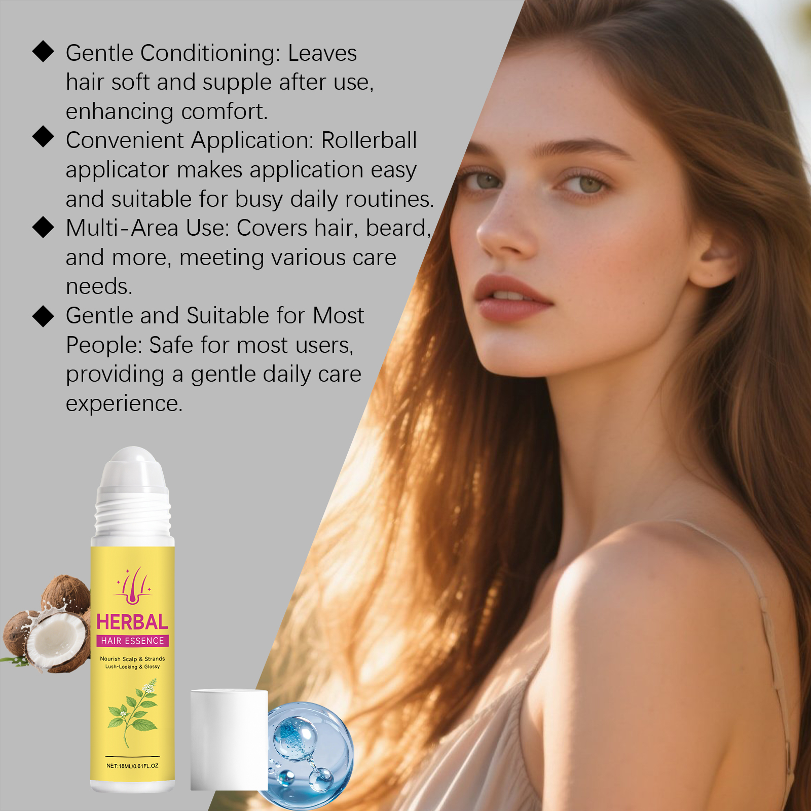 Herbal Hair Care Roller Mild Ingredients Nourish Hair Light Smooth Fresh Non Sticky Daily Hair Maintenance