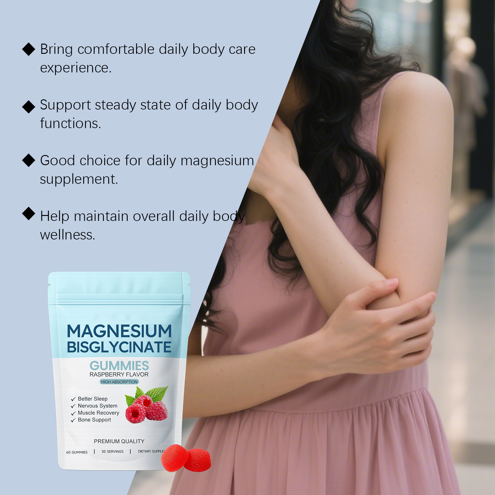 Magnesium Glycinate Gummy Gentle Ingredients Care Muscles Bones Night Sleep Support Relax Mood Health Supplement