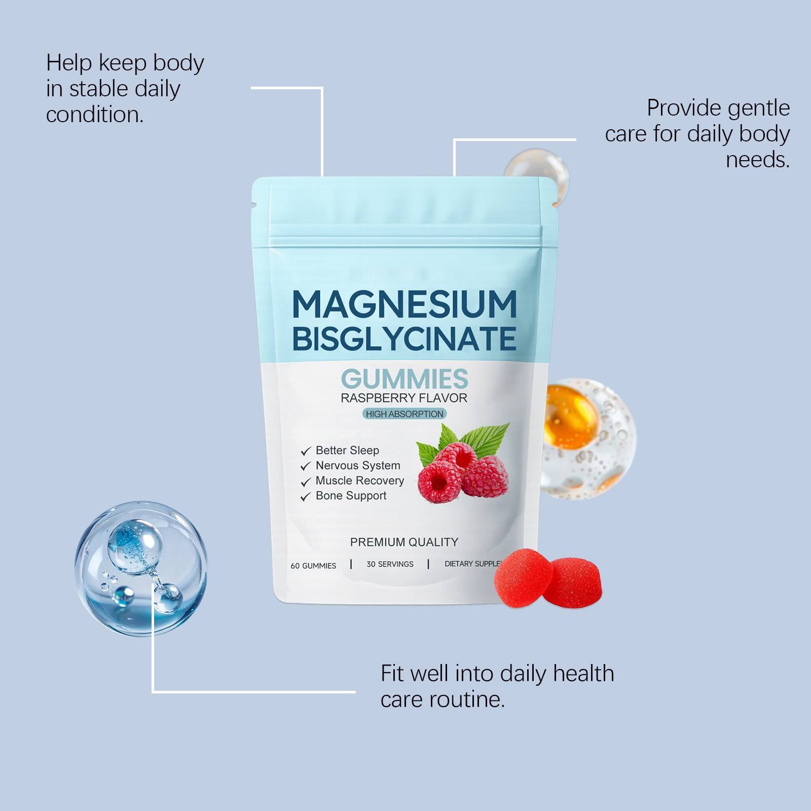 Magnesium Glycinate Gummy Gentle Ingredients Care Muscles Bones Night Sleep Support Relax Mood Health Supplement