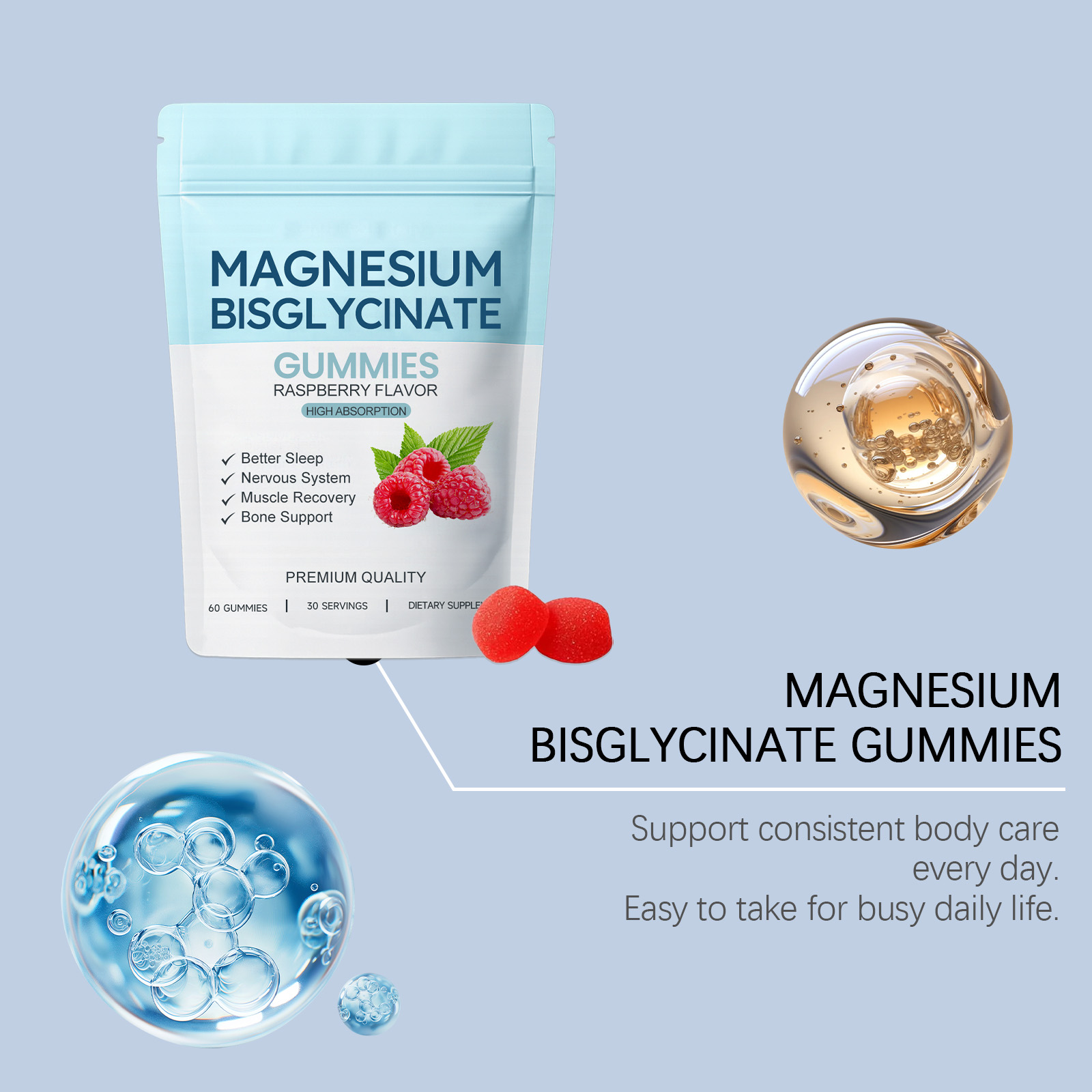 Magnesium Glycinate Gummy Gentle Ingredients Care Muscles Bones Night Sleep Support Relax Mood Health Supplement
