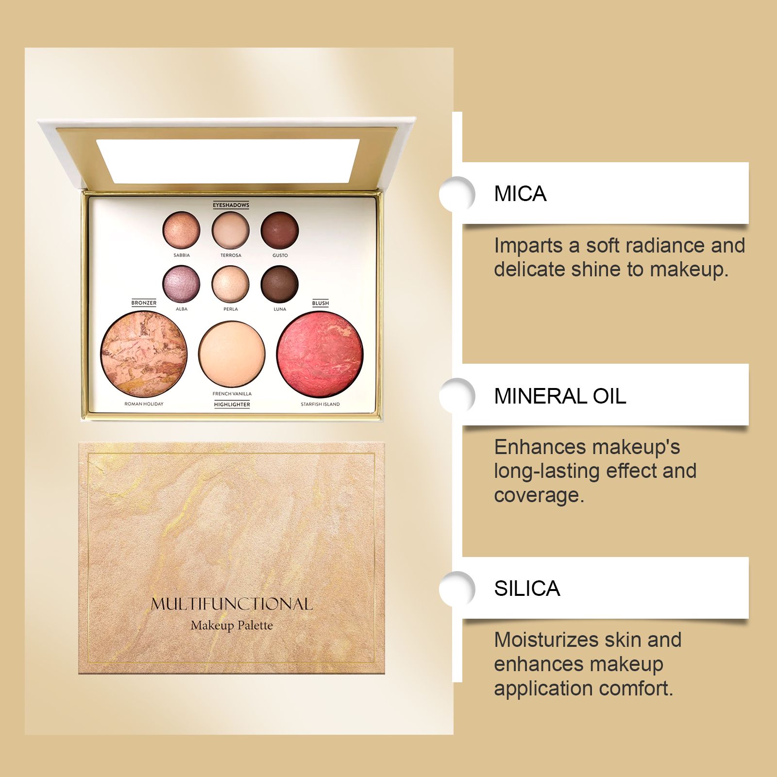 Gold Tone Multi Use Makeup Palette For Eyeshadow Contour Blush And Highlight Daily Makeup