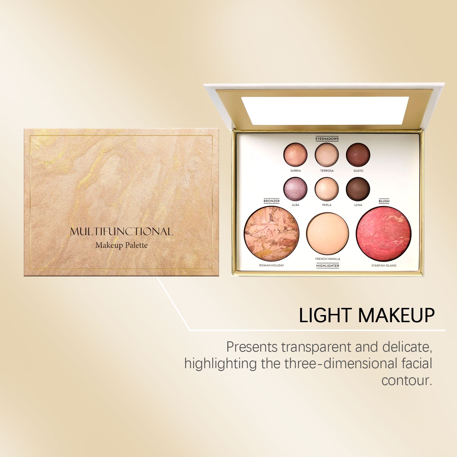 Gold Tone Multi Use Makeup Palette For Eyeshadow Contour Blush And Highlight Daily Makeup