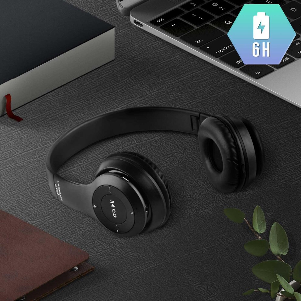 Bluetooth Headphones in-line Mic Stereo FM Radio 3.5mm Jack input Foldable-Black(Black)
