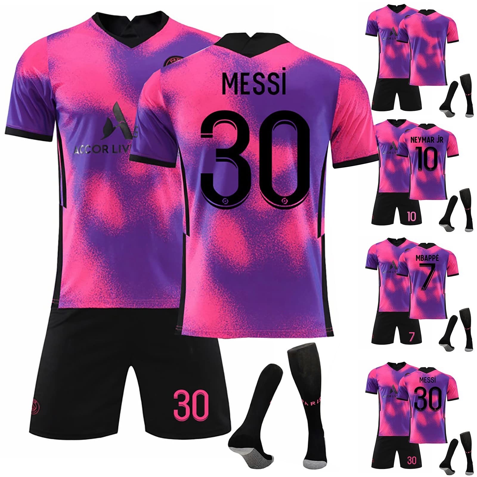 (Messi Adults XXL) Football Jersey PSG Home Away Kit with Socks No-30 Messi No-7 Mbappe No-10 Neymar Jr 2021-2022 Football Costume T-shirt Children Adult Football Football Training Wear Outdoor Sportswear Kits