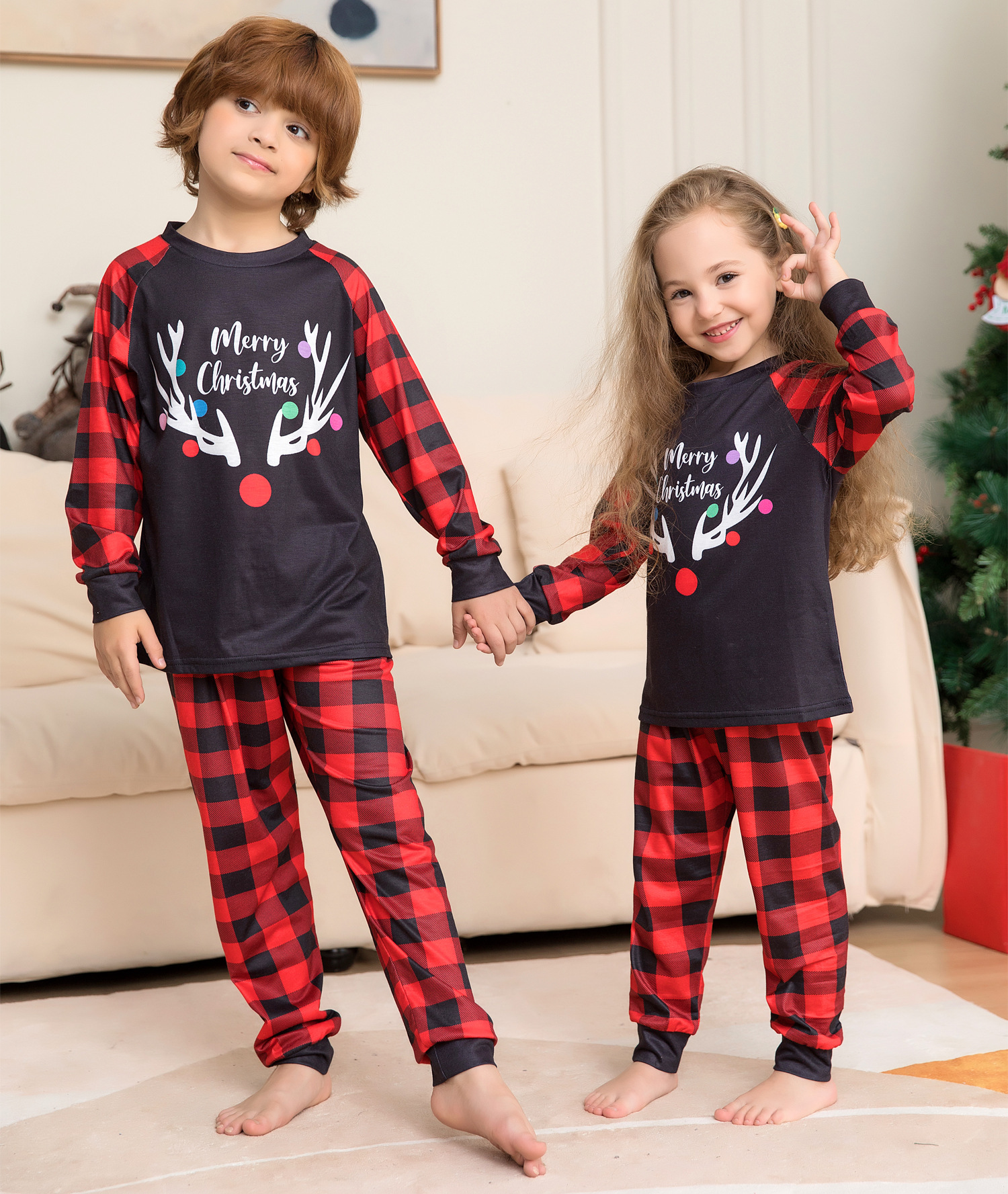 (6M Baby) Christmas family matching pajamas set 2023 Xmas new Santa Claus alphabet Elk print stitching pajamas adult children baby family wear