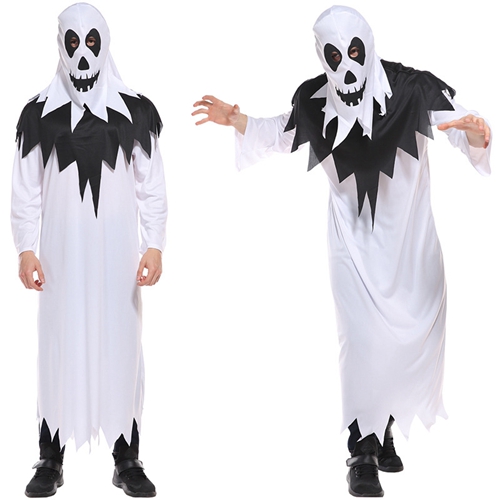 Halloween Ghost Costume Hooded Cape Men Cosplay Robe Scary Hat Fancy Dress Zombie Cloak White Devil Soul Dress Set